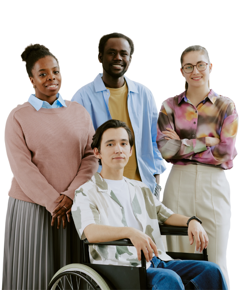 Four smiling people from Kindora's community, including a young man in a wheelchair